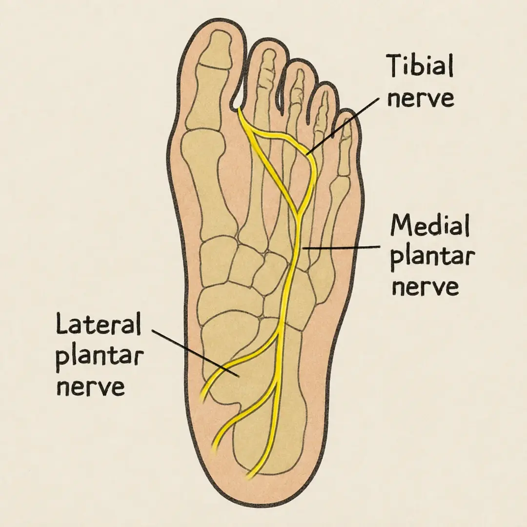 The nerves of the sole. The medial plantar nerve runs almost directly along the tripod's most powerful line, structure and sensation following the same path.